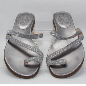 Vince Camuto Evina Silver Metallic Rhinestone Toe Loop Flat Sandals VC-EVINA